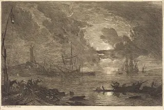 Harbor by Moonlight, by Adrien Manglard, ink, 1753