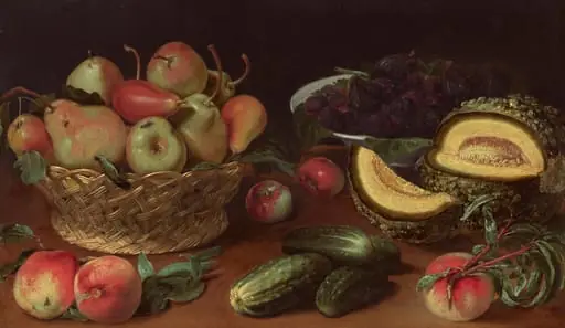 Still Life with Apples, Pears, Cucumbers, Figs, Plums, and a Melon, by Fede Galizia
