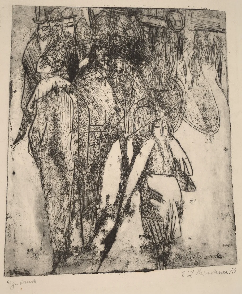 Street Scene with an Omnibus, by Ernst Ludwig Kirchner, ink, 1914