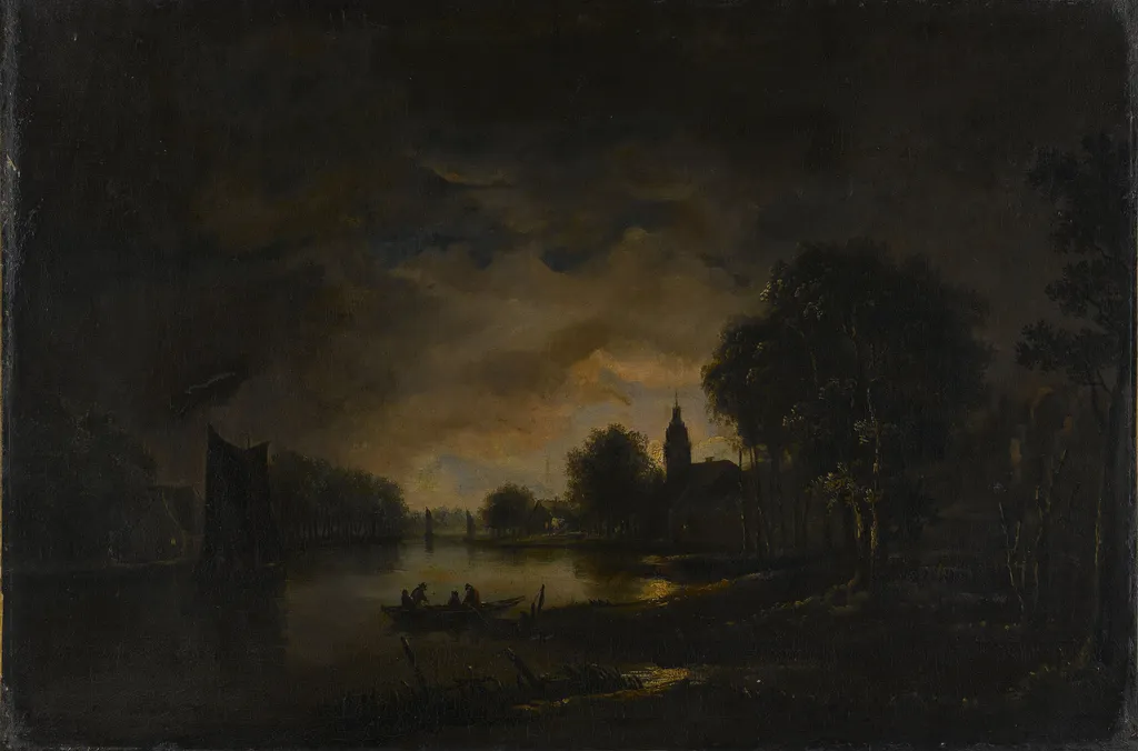 River view by night, by Aert van der Neer, oil