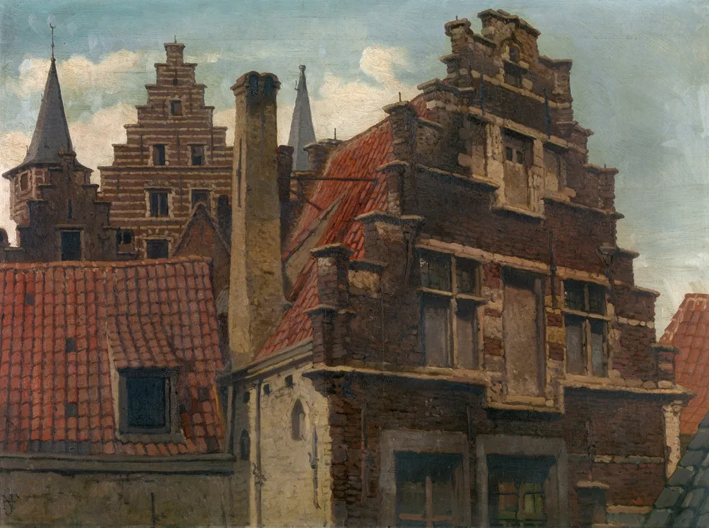 The Vleeshuis and Old Houses, by Hendrik Frans Schaefels, oil, 1875
