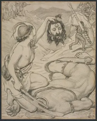 David and Goliath, Cartoon for Stained Glass Window at Jesus College, Cambridge, by Ford Madox Brown, 1872