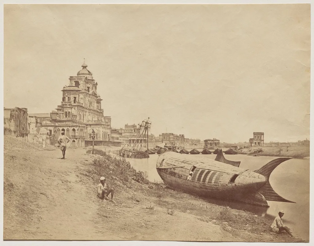 Chutter Manzil Palace, with the King's Boat in the Shape of a Fish, by Felice A. Beato, 1858