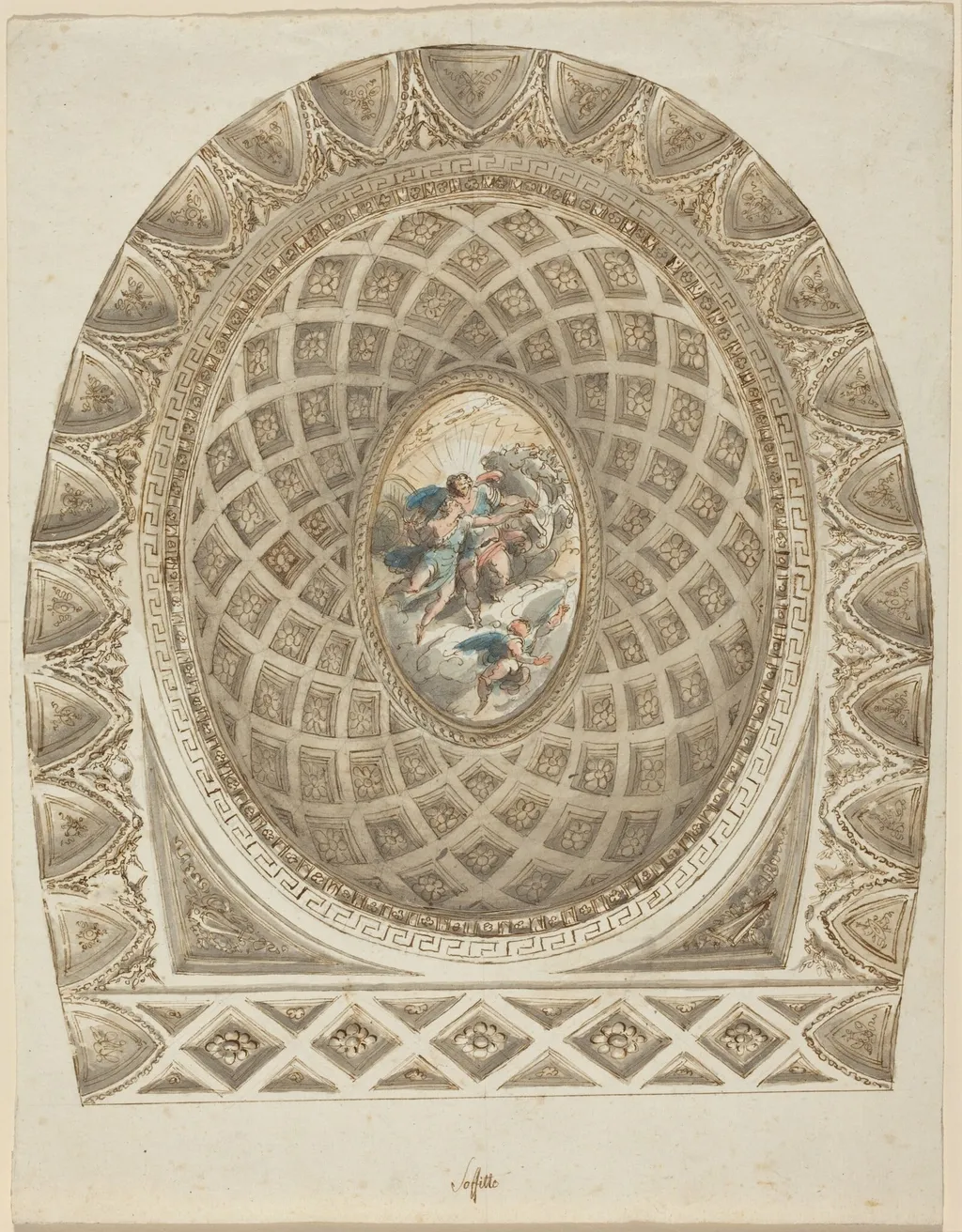 A Coffered Dome with Apollo and Phaeton, by Felice Giani, ink, 1787