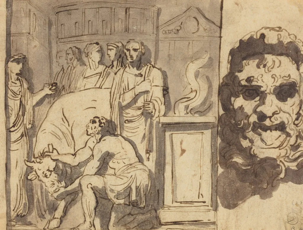 Ancient Sacrifice and Head of a Satyr, by Felice Giani, ink, 1790