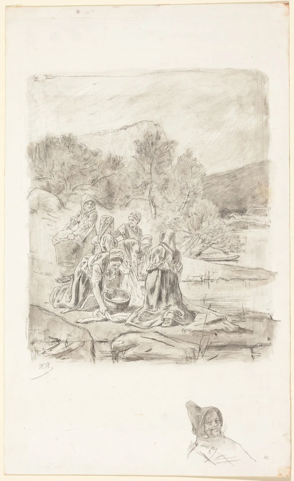 Washerwomen, by Félicien Rops, chalk, 1886