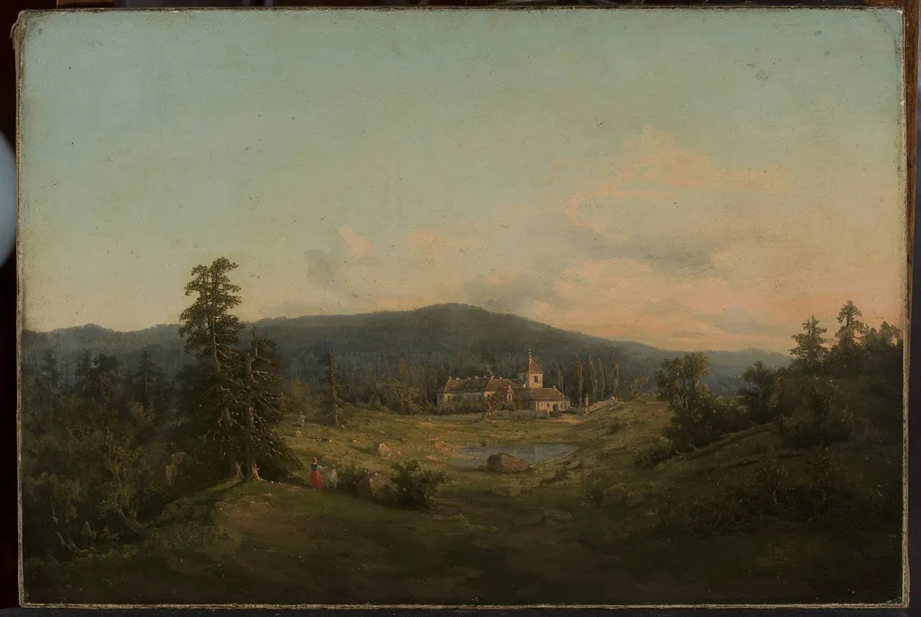 Mountain landscape with church and monastery, by Feliks Brzozowski, oil, 1874