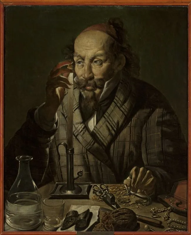 Usurer by candlelight, by Feliks Pęczarski, oil, 1845