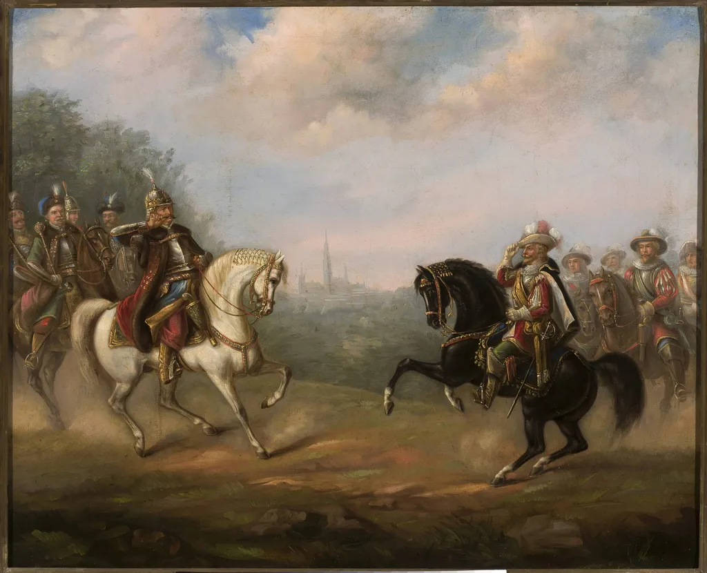 King John III Sobieski meets emperor Leopold at Vienna, by Feliks Sypniewski, oil, 1876