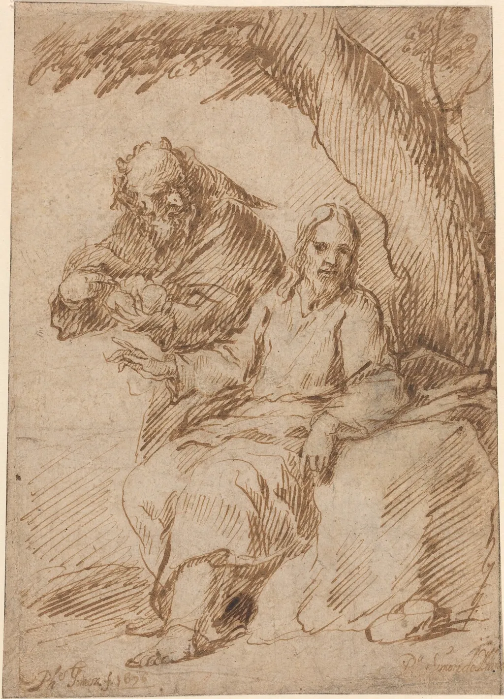 The Temptation of Christ in the Desert, by Felipe Gomez de Valencia, ink, 1676