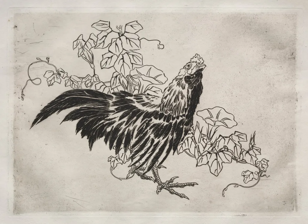 Dinner Service (Rousseau service): Rooster and morning glories (no. 25), by Félix Bracquemond, 1866