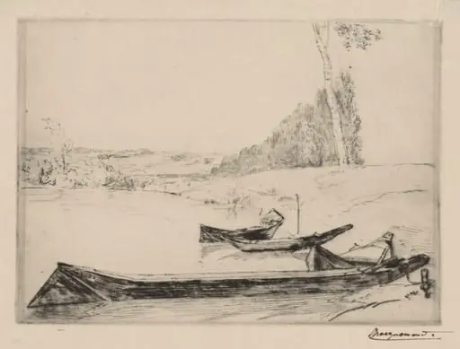 Small ferry-boats on the banks oft he Seine, by Félix Bracquemond