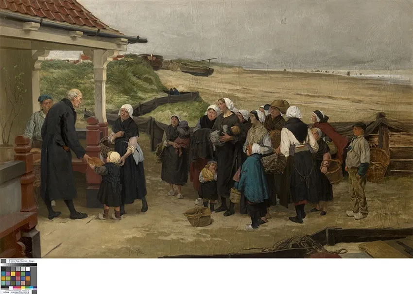 Brooduitdeling aan de weduwen en wezen te Katwijk, by Félix Cogen, oil, 1838