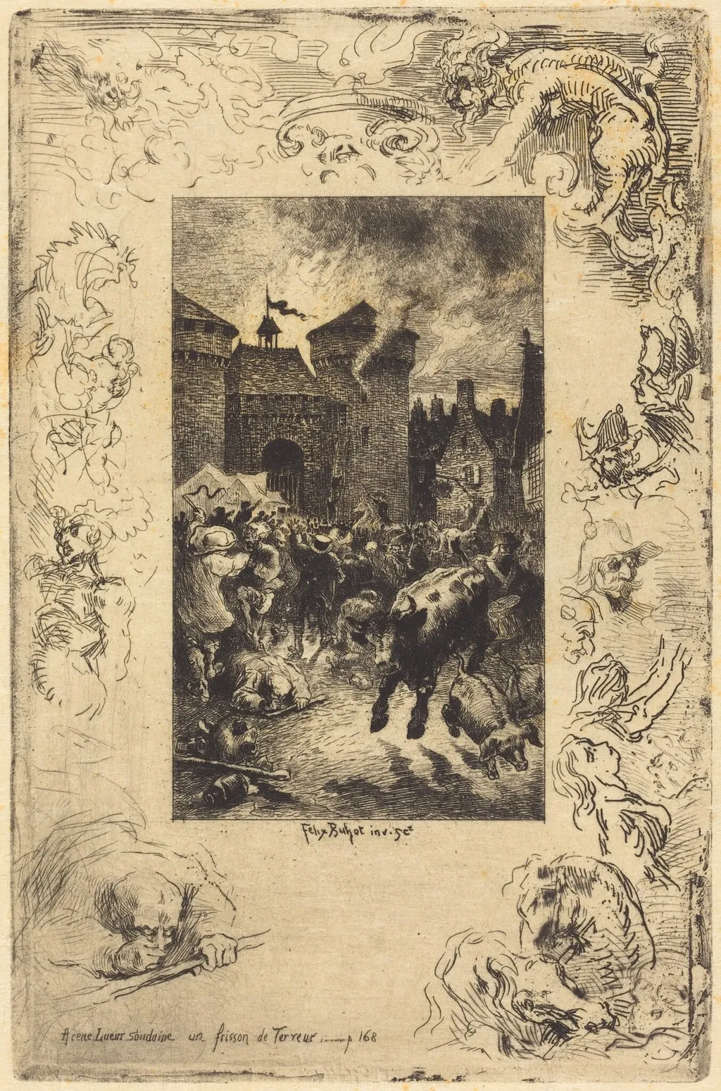 A cette lueur soudaine... (In the sudden gleam of light...), by Félix-Hilaire Buhot, ink, 1878