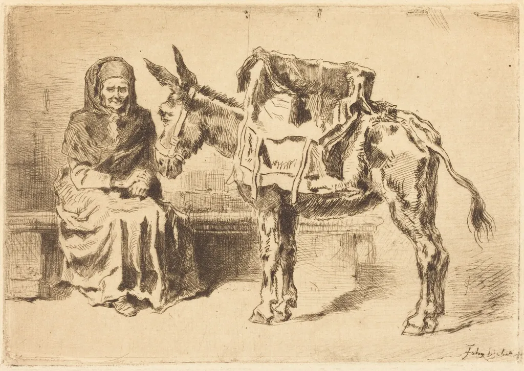 Cacoletière Assise (Seated Woman and Ass), by Félix-Hilaire Buhot, ink, 1875