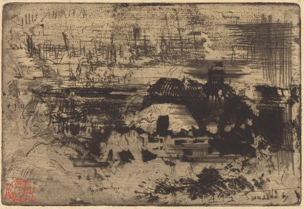 Chaumières anglaises (English Cottages), by Félix-Hilaire Buhot, ink, 1879