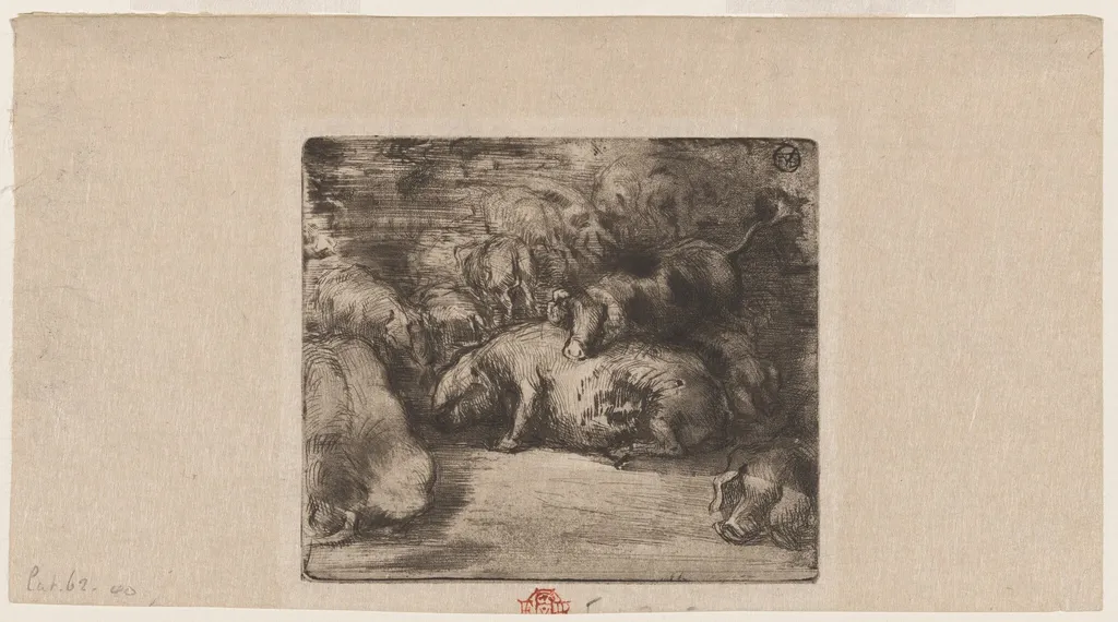 Cochons au soleil (Pigs in the Sun), by Félix-Hilaire Buhot, ink, 1878