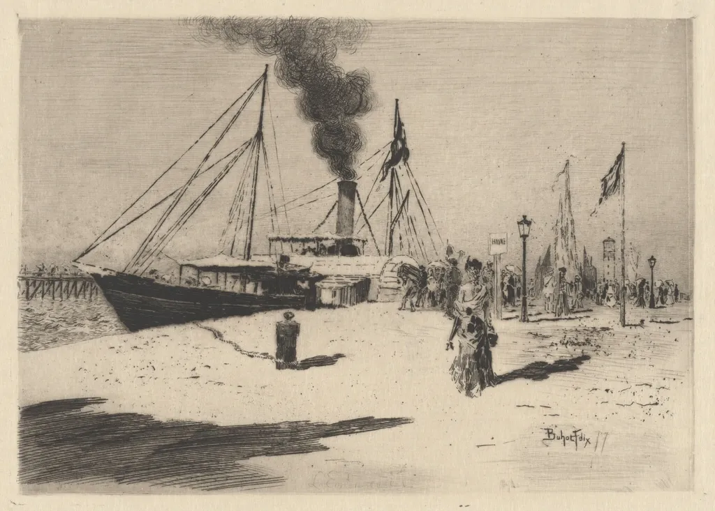 Embarcadere à Trouville (Wharf at Trouville), by Félix-Hilaire Buhot, ink, 1877