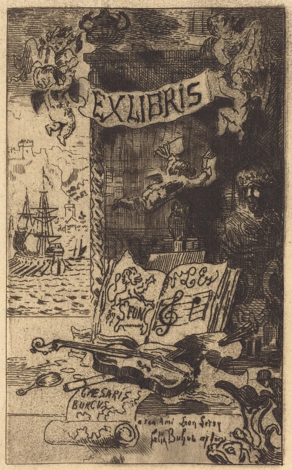 Ex-libris de Léon Lerey (Ex-libris of Leon Lerey), by Félix-Hilaire Buhot, ink, 1876