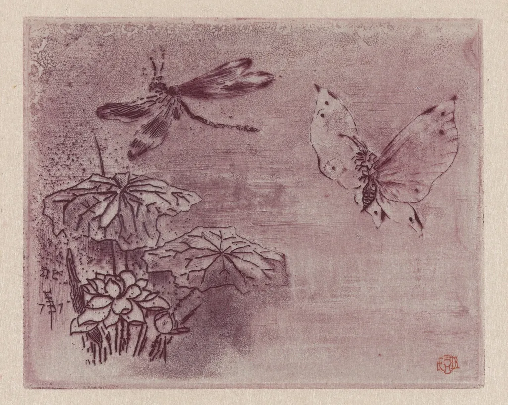 Ex Libris with a Butterfly and Dragonfly, by Félix-Hilaire Buhot, ink, 1877
