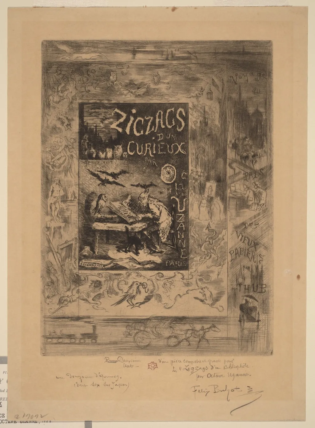 Frontispiece for "Zigzags d'un Curieux, d'Octave Uzanne", by Félix-Hilaire Buhot, ink, 1888