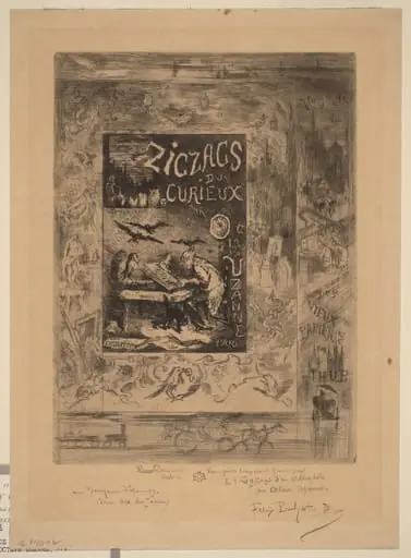 Frontispiece for "Zigzags d'un Curieux, d'Octave Uzanne", by Félix-Hilaire Buhot