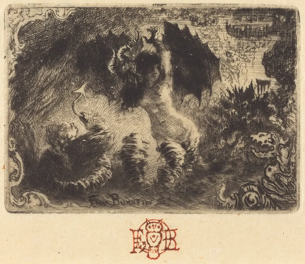 Jacques Cazotte's "Le Diable amoureux" (1st vignette), by Félix-Hilaire Buhot, ink, 1878