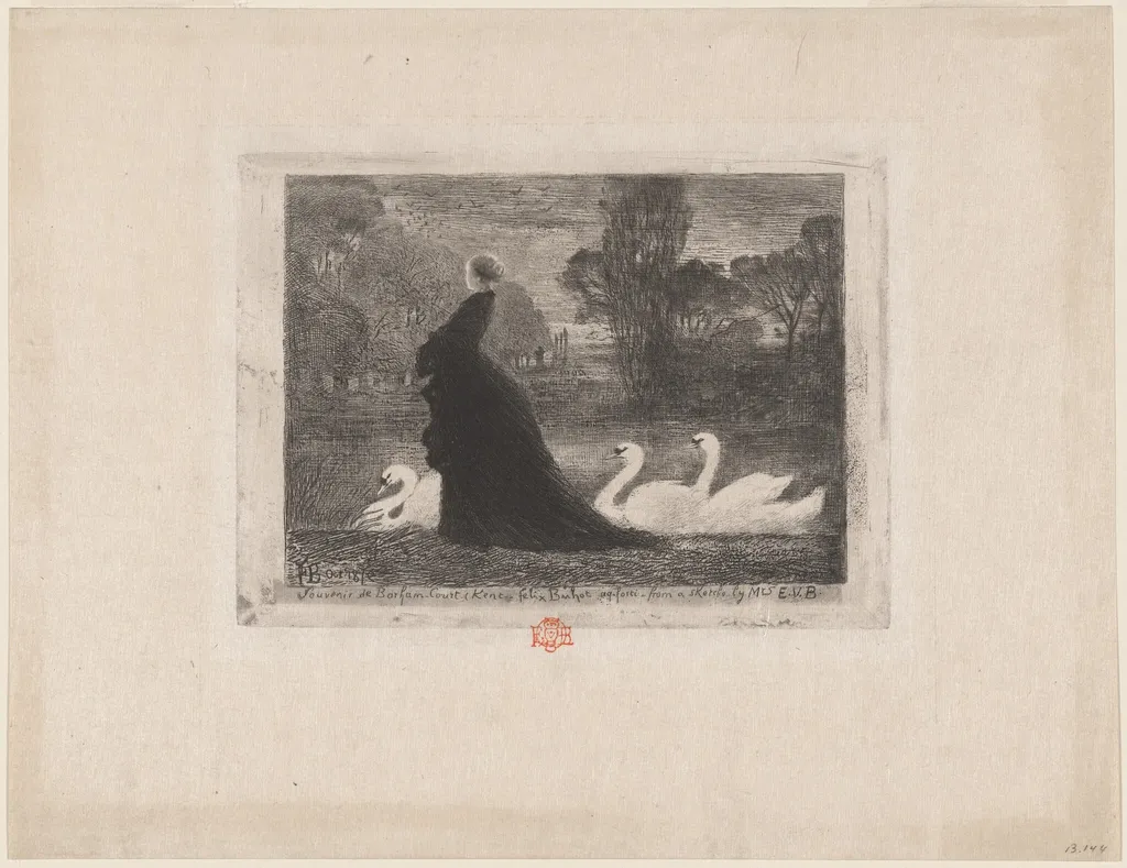 La Dame aux Cygnes (Woman with Swans), by Félix-Hilaire Buhot, ink, 1879