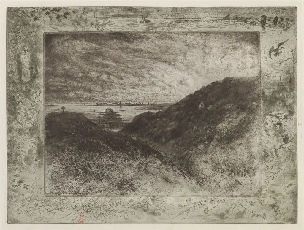La Falaise: Baie de Saint-Malo (The Cliff: Saint-Malo Bay), by Félix-Hilaire Buhot, ink, 1888