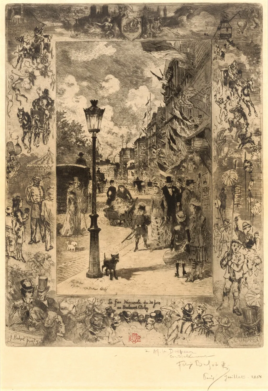 La Fête nationale au Boulevard Clichy (National Holiday on the Boulevard de Clichy), by Félix-Hilaire Buhot, ink, 1878