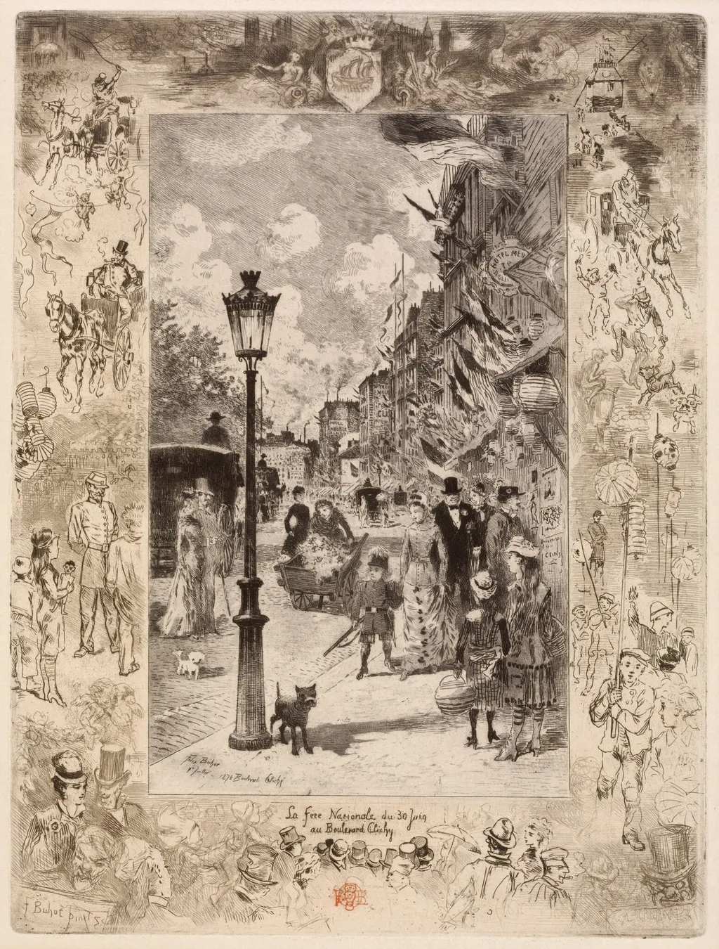 La Fête nationale au Boulevard Clichy (National Holiday on the Boulevard de Clichy), by Félix-Hilaire Buhot, ink, 1878