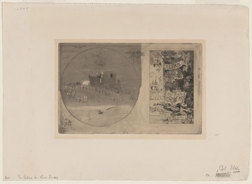 Le Chateau des Hiboux; Ex-libris de Léon Lerey, by Félix-Hilaire Buhot, ink, 1885