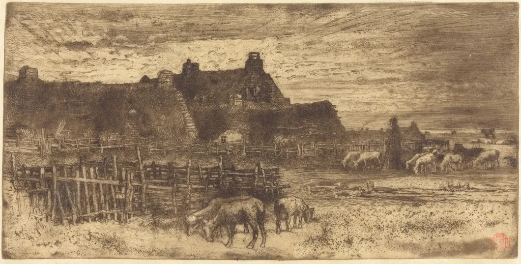 Les Bergeries, Soleil Couchant (Pastoral Scene, Setting Sun), by Félix-Hilaire Buhot, ink, 1872