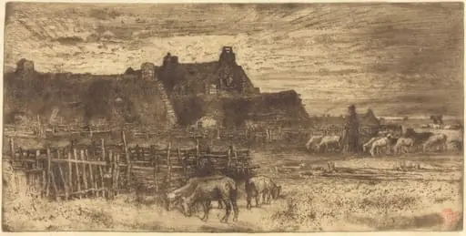 Les Bergeries, Soleil Couchant (Pastoral Scene, Setting Sun), by Félix-Hilaire Buhot