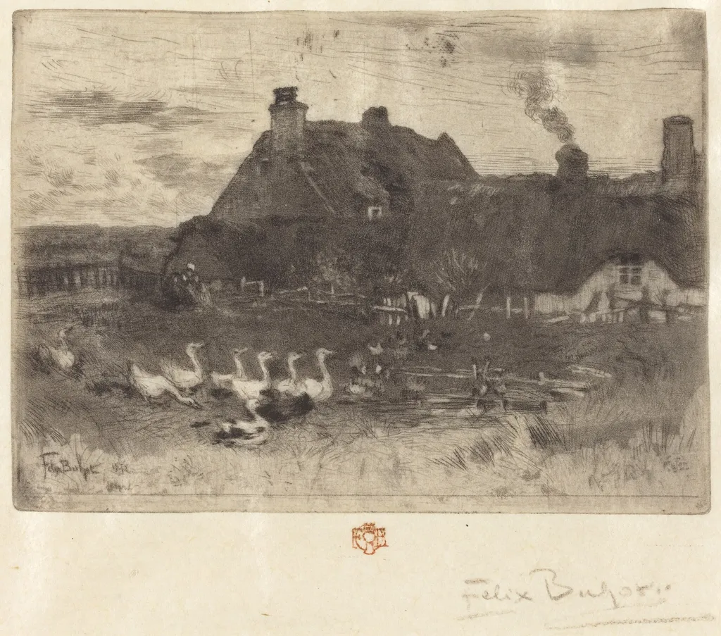 Les Petites Chaumières (Thatched Cottages--Small Plate), by Félix-Hilaire Buhot, ink, 1878