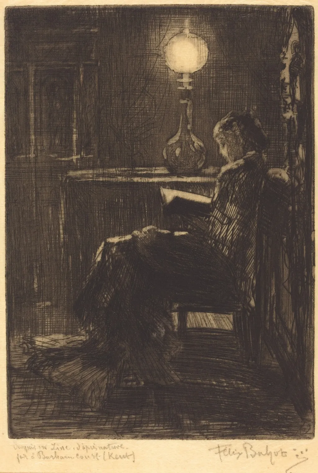 Liseuse à la Lampe (Woman Reading by Lamplight), by Félix-Hilaire Buhot, ink, 1879