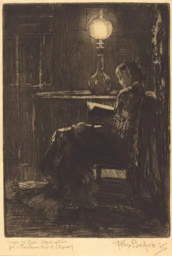 Liseuse à la Lampe (Woman Reading by Lamplight), by Félix-Hilaire Buhot