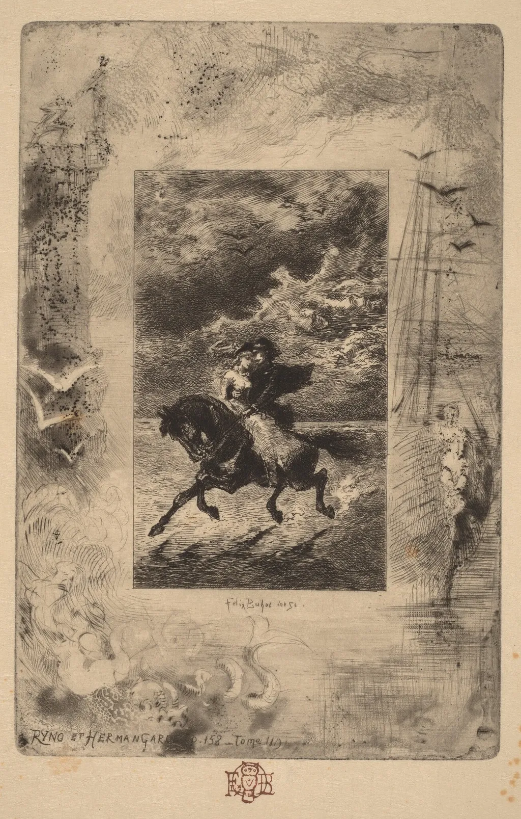 Ryno et Hermangarde (Ryno and Hermangarde), by Félix-Hilaire Buhot, ink, 1847