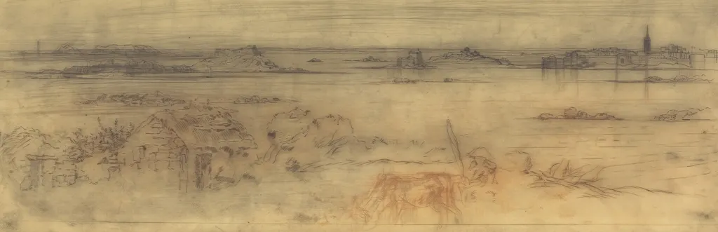 Seascape with a Fortified City at Right, Islands at Left and a Cottage in the Foreground, by Félix-Hilaire Buhot, 1882