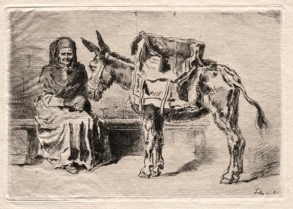 Seated woman with Mule, by Félix-Hilaire Buhot, 1875