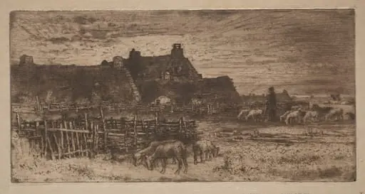 Sheepfold: Sunset, by Félix-Hilaire Buhot