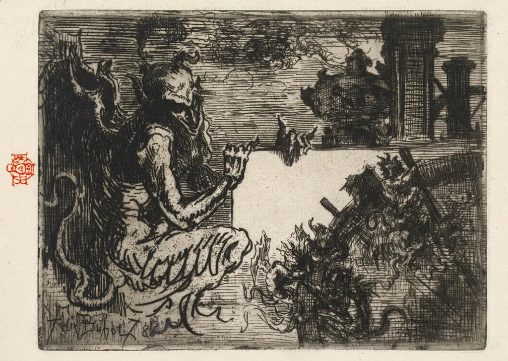 The Demon Printer, by Félix-Hilaire Buhot, ink, 1878