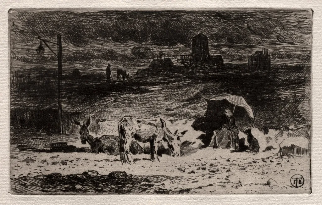 The Donkeys at the Hill of the Cailles, by Félix-Hilaire Buhot, 1875