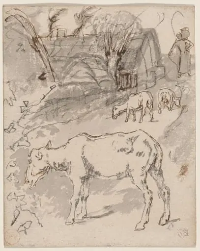 Three Sheep by a Cottage (recto)/Sketches of Cows (verso), by Félix-Hilaire Buhot