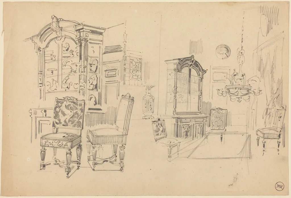 Two Studies of an Interior with Furniture, by Félix-Hilaire Buhot, graphite, 1872