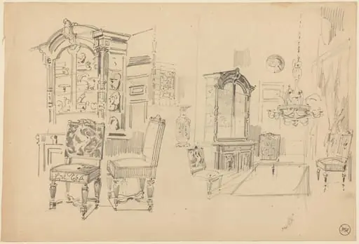 Two Studies of an Interior with Furniture, by Félix-Hilaire Buhot