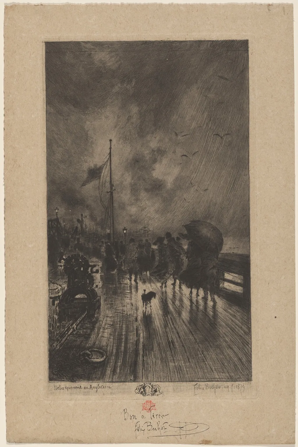 Un Débarquement en Angleterre (Landing in England), by Félix-Hilaire Buhot, ink, 1879