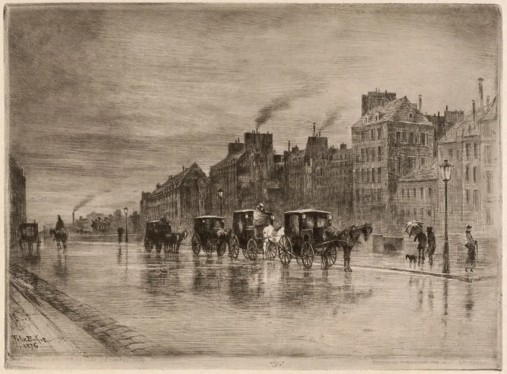 Une Matinée d'Hiver au Quai de l'Hôtel-Dieu (Winter Morning on the Quai de l'Hôtel-Dieu), by Félix-Hilaire Buhot, ink, 1876