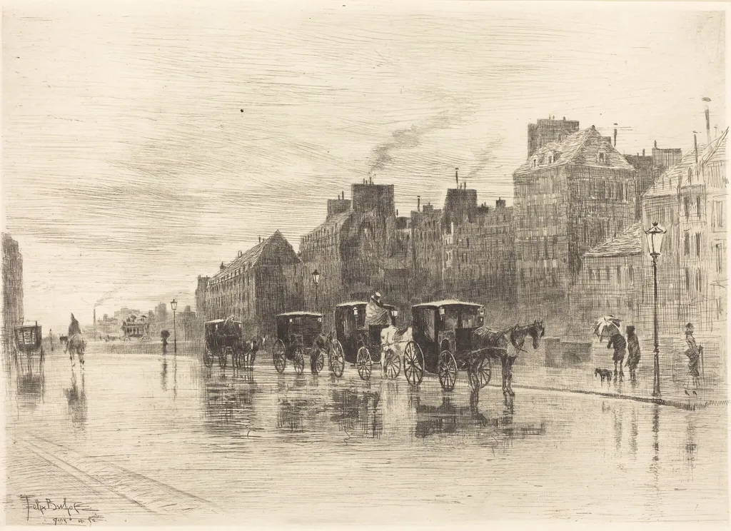 Une Matinée d'Hiver au Quai de l'Hôtel-Dieu (Winter Morning on the Quai de l'Hôtel-Dieu), by Félix-Hilaire Buhot, ink, 1876