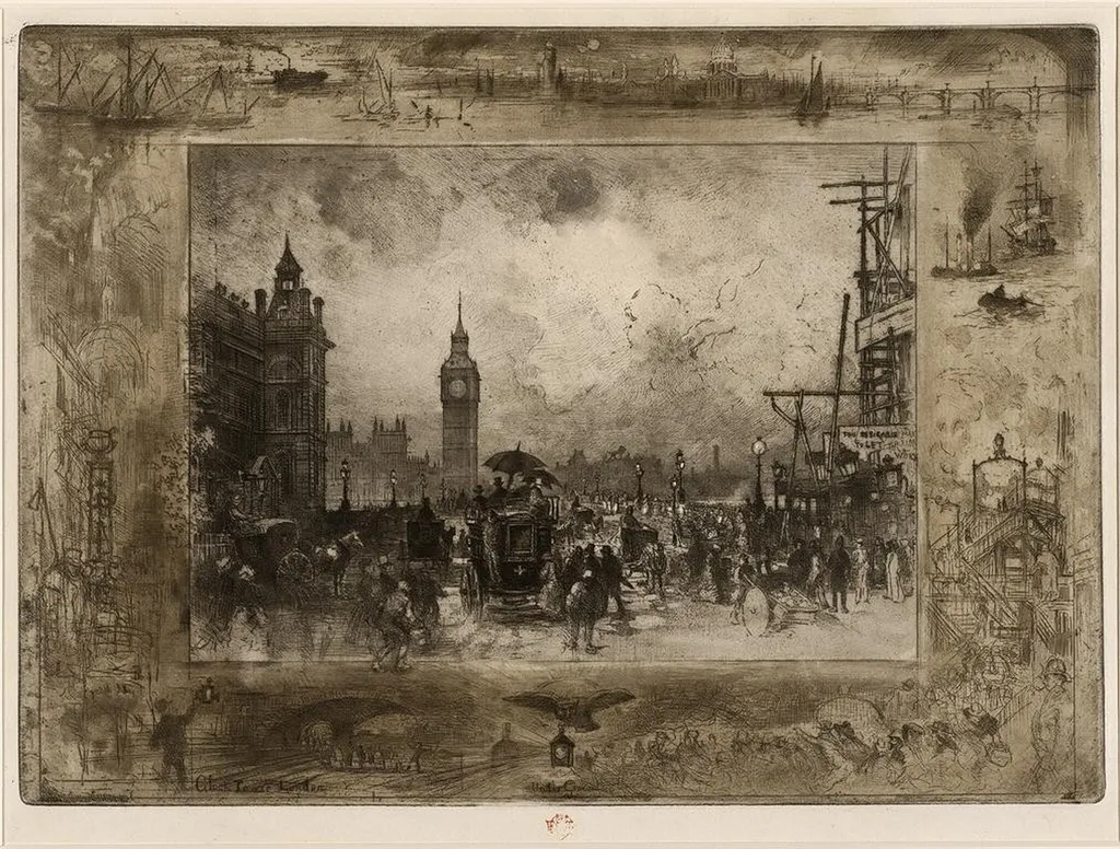 Westminster Bridge, by Félix-Hilaire Buhot, ink, 1884